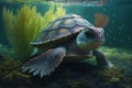 An adorable armored turtle swimming underwater