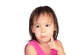 Adorable Asian child thinking and wearing pink dress isolated on a white background Royalty Free Stock Photo