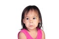 Adorable Asian child thinking and wearing pink dress isolated on a white background Royalty Free Stock Photo