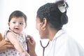 Adorable Asian newborn baby three months old girl check up examines by pediatrician. Doctor using stethoscope examining little Royalty Free Stock Photo
