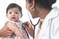 Adorable Asian newborn baby three months old girl check up examines by pediatrician. Doctor using stethoscope examining little Royalty Free Stock Photo