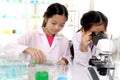 Adorable Asian schoolgirl in lab coat pouring green reagent solution from test tube into beaker while another girl looking through Royalty Free Stock Photo