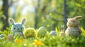 An adorable assembly of plush Easter characters nestled among painted eggs in a sunny, springtime meadow, creating a magical