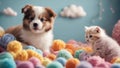 An adorable assembly of a puppy and kitten, playing amidst a pile of soft toys and colorful yarn balls