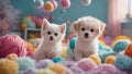 An adorable assembly of a puppy and kitten, playing amidst a pile of soft toys and colorful yarn balls