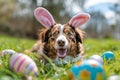 Adorable Australian Shepherd puppy with bunny ears and colorful easter eggs on green grass Royalty Free Stock Photo