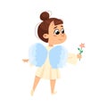 Adorable Baby Angel with Flower, Cute Angelic Girl with Wings Cartoon Style Vector Illustration Royalty Free Stock Photo