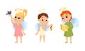 Adorable baby angels set. Angelic boy and girls with wings and nimbus cartoon vector illustration Royalty Free Stock Photo