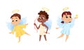 Adorable baby angels set. Angelic boy and girls with wings and nimbus cartoon vector illustration