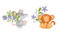 Adorable baby animals holding spring flower set. Lovely mouse, monkey standing with wild flowers cartoon vector