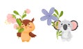 Adorable baby animals holding spring flower set. Lovely owlet, koala bear standing with wild flowers cartoon vector Royalty Free Stock Photo