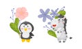 Adorable baby animals holding spring flower set. Lovely penguin, zebra standing with wild flowers cartoon vector