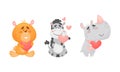 Adorable baby animals with pink hearts set. Lovely happy bear, zebra, rhinoceros holding heart cartoon vector