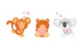 Adorable baby animals with pink hearts set. Lovely happy monkey, bear, koala holding heart cartoon vector illustration Royalty Free Stock Photo