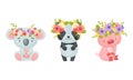 Adorable baby animals in wreaths of colorful flowers set. Lovely koala, panda, pig with floral wreath cartoon vector Royalty Free Stock Photo