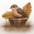 Adorable Baby Bird Made of Leaves Splashing in the Autumn Rain