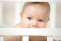Adorable baby biting the board of his wooden cot Royalty Free Stock Photo