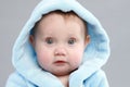 Adorable baby boy in a blue bathrobe Royalty Free Stock Photo