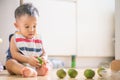 Adorable baby boy enjoying with fruit toy Royalty Free Stock Photo