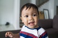 Fussy baby with snots dripping on his face stock photo