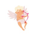 Adorable baby boy with wings, pink bow and arrows. Little angel of love. Flat vector for greeting card Royalty Free Stock Photo