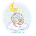 Adorable baby brown dragon sleeping on fluffy cloud sweet dream watercolour, whimsical children animal nursery illustration