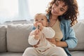 adorable baby chewing teething toy near Royalty Free Stock Photo