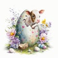 Adorable Baby Cow Celebrates Easter with Watercolor Florals and Eggs AI Generated