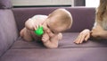 Adorable baby crawl on violet bed. child in diapers gnawing toy Royalty Free Stock Photo