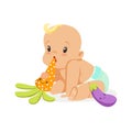 Adorable baby in a diaper sitting and playing with teether toys, colorful cartoon character vector Illustration