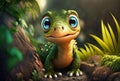 Adorable baby dinosaur with blue eyes on a background of rocks and leaves.