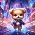 Adorable baby dog running in a the street, with futuristic city, abstract background, magical elements, cartoon, anime art, cute
