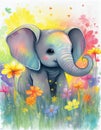 Adorable Baby Elephant Playing in Meadow, Made with Generative AI