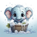 Adorable baby elephant with sudsy bubbles, gleaming eyes, and leaves in a wooden tub amidst splashes.