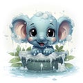 Adorable baby elephant with sudsy bubbles, gleaming eyes, and leaves in a wooden tub amidst splashes.