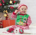 Adorable Baby Elf Eating Christmas Lollipop Under Xmas Tree
