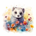 Adorable Baby Ferret in a Colorful Flower Field Art Print. Perfect for Greeting Cards.