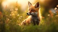 Adorable Baby Fox In A Beautiful Flower Field