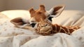 Adorable baby giraffe , lying in white soft bed, in day light