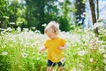 Adorable baby girl amidst green grass and beauitiful daisies on a summer day