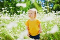 Adorable baby girl amidst green grass and beauitiful daisies