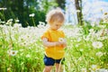 Adorable baby girl amidst green grass and beauitiful daisies