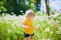 Adorable baby girl amidst green grass and beauitiful daisies on a summer day