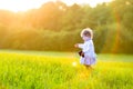 Adorable baby girl in autumn field at sunset