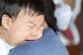 Adorable baby girl cry on mom shoulder. Royalty Free Stock Photo