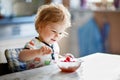 Adorable baby girl eating from spoon fresh healthy raspberries food, child, feeding and development concept. Cute Royalty Free Stock Photo