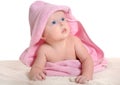 Adorable baby girl under a pink towel Royalty Free Stock Photo