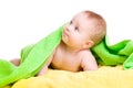 Adorable baby in green towel looking up