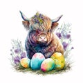 Adorable Baby Highland Cow with Easter Eggs: A Fun and Festive Scene AI Generated Royalty Free Stock Photo