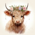 Adorable Baby Highland Cow with a Minimalist Flower Wreath AI Generated Royalty Free Stock Photo